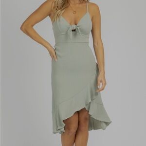 Sage Green Asymmetrical Midi Dress with Front Tie